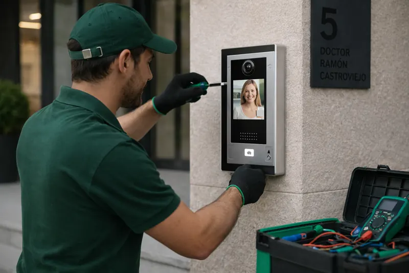 Técnico ajustando una placa de videoportero en un portal